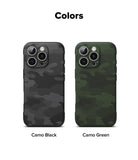 iPhone 16 Pro Max Case | Onyx - Two iPhone 16 Pro Max cases in Camo Black and Camo Green with textured patterns and camera cutouts.