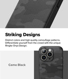 iPhone 16 Pro Case | Onyx - Close-up of a black camouflage textured phone case with a triple-lens camera cutout.