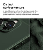 iPhone 16 Pro Max Case | Onyx - Close-up of a dark green phone case with a textured, rugged surface and side button engravings.