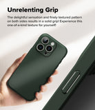 iPhone 16 Pro Case | Onyx - Hand holding a dark green phone case with a textured side grip and triple-lens camera cutout.