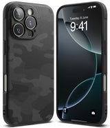 iPhone 16 Pro Max Case | Onyx - Black textured camouflage phone case shown from the back and front on an iPhone 16 Pro Max.