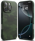 iPhone 16 Pro Max Case | Onyx - Front and back views of a green camouflage textured phone case on an iPhone 16 Pro Max.