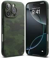 iPhone 16 Pro Max Case | Onyx - Front and back views of a green camouflage textured phone case on an iPhone 16 Pro Max.