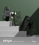iPhone 16 Pro Max Case | Onyx - Multiple camouflage-patterned phone cases floating above tiered gray blocks against a green background.
