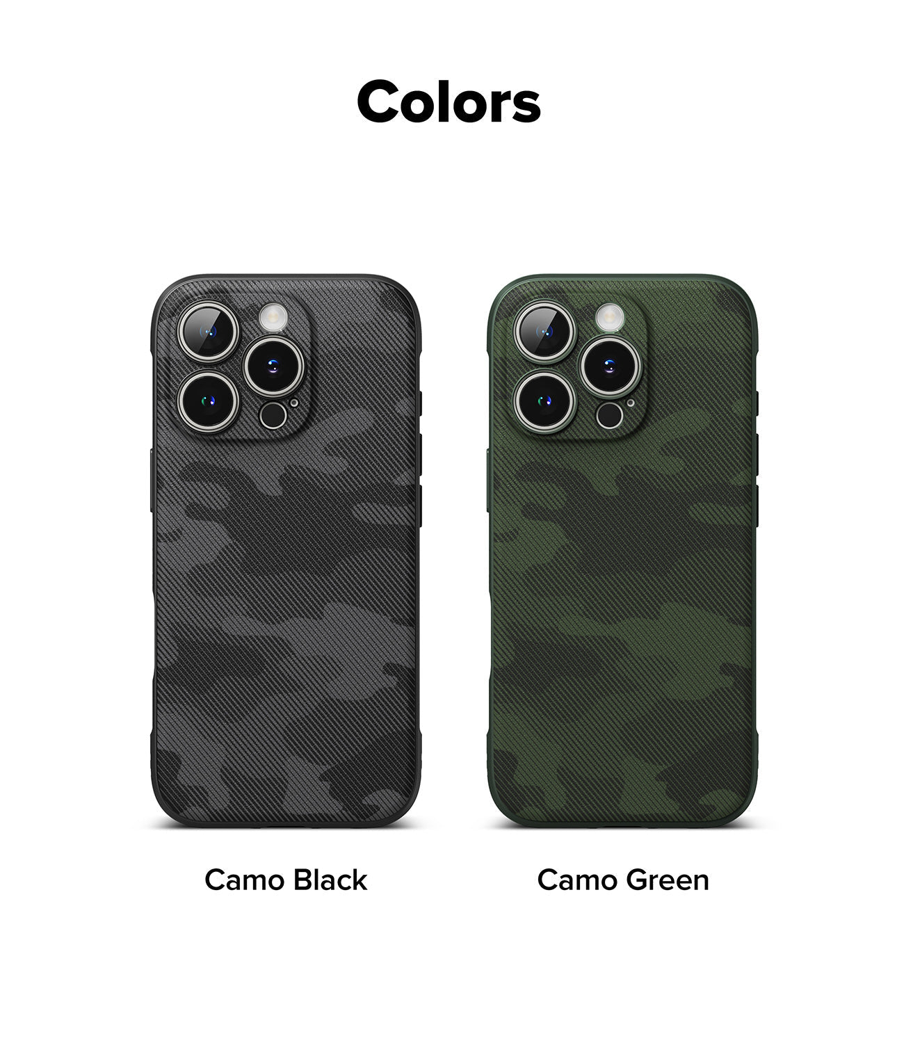 iPhone 16 Pro Max Case | Onyx - Two iPhone 16 Pro Max cases in Camo Black and Camo Green with textured patterns and camera cutouts.