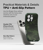 iPhone 16 Pro Max Case | Onyx - A flexible green camo phone case shown next to a silver iPhone 16 Pro Max with text callouts.