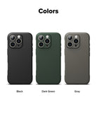 iPhone 16 Pro Case | Onyx - Three iPhone 16 Pro cases in black, dark green, and gray arranged side-by-side against a white background.