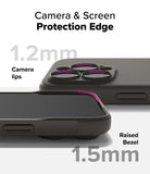 iPhone 16 Pro Max Case | Onyx - Close-up of phone case showing 1.2mm camera lens protection and 1.5mm raised screen bezel.
