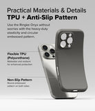 iPhone 16 Pro Max Case | Onyx - A grey flexible TPU phone case shown next to a silver iPhone, highlighting its non-slip pattern.