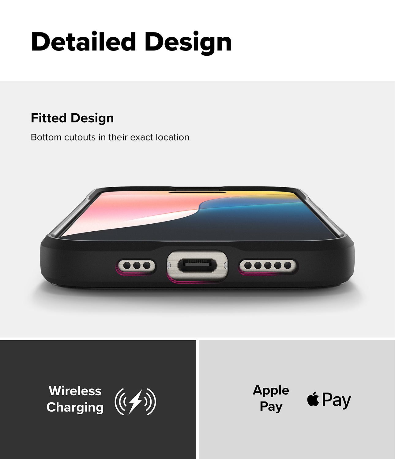 iPhone 16 Pro Max Case | Onyx Magnetic - Close-up of phone case bottom showing precise port cutouts, wireless charging, and Apple Pay icons.