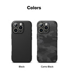 iPhone 16 Pro Case | Onyx Magnetic - Two iPhone 16 Pro cases in solid black and black camo patterns side-by-side.