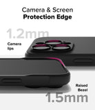 iPhone 16 Pro Max Case | Onyx Magnetic - Black phone case showing 1.2mm camera lips and 1.5mm raised screen bezel protection.