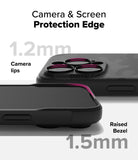 iPhone 16 Pro Max Case | Onyx Magnetic - Close-up of phone case showing 1.2mm raised camera lips and 1.5mm raised screen bezel.
