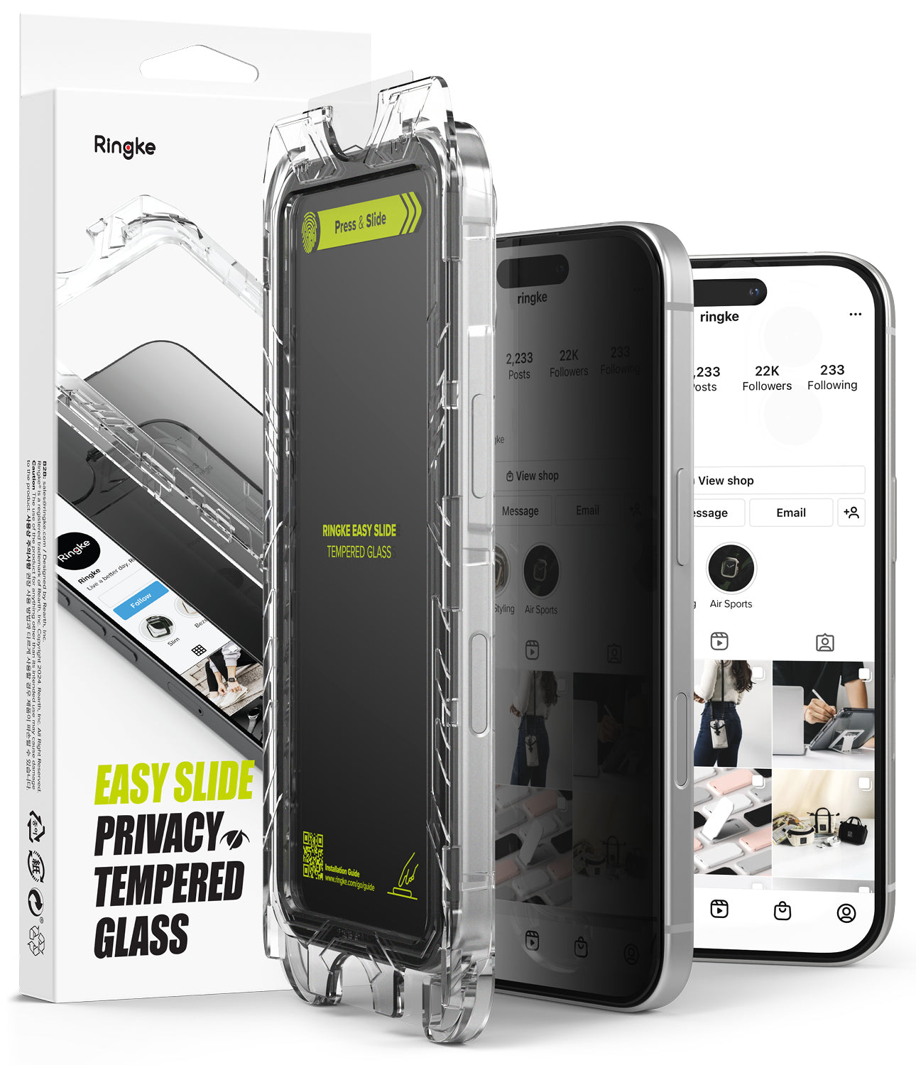 iPhone 16 Pro Max Screen Protector | Easy Slide Privacy Tempered Glass - iPhone 16 Pro Max Screen Protector - Privacy glass with installation frame next to two phones showing screen visibility.