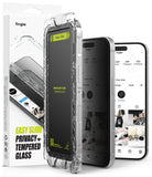 iPhone 16 Pro Max Screen Protector | Easy Slide Privacy Tempered Glass - iPhone 16 Pro Max Screen Protector - Privacy glass with installation frame next to two phones showing screen visibility.