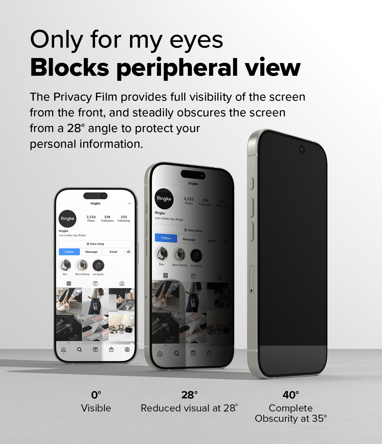 iPhone 16 Pro Max Screen Protector | Easy Slide Privacy Tempered Glass - iPhone 16 Pro Max Screen Protector - Three phones showing screen visibility decreasing from clear to dark at side angles.