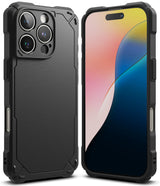 iPhone 16 Pro Max Case | Rugged Gear - Black rugged protective case shown from front and back views on an iPhone.