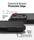 iPhone 16 Pro Max Case | Rugged Gear - Black phone case showing 1.2mm raised camera lips and screen bezel protection.