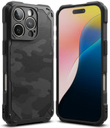 iPhone 16 Pro Max Case | Rugged Gear - Black rugged phone case with camo texture, shown from front and back views.