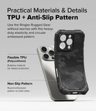 iPhone 16 Pro Max Case | Rugged Gear - Black camo phone case with TPU material and non-slip pattern shown with phone.