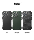 iPhone 16 Pro Max Case | Rugged Gear - Three rugged phone cases in black, dark green, and camo black arranged side-by-side.