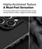 iPhone 16 Pro Max Case | Rugged Gear Magnetic - Close-up of black phone case texture and camera module with side buttons.
