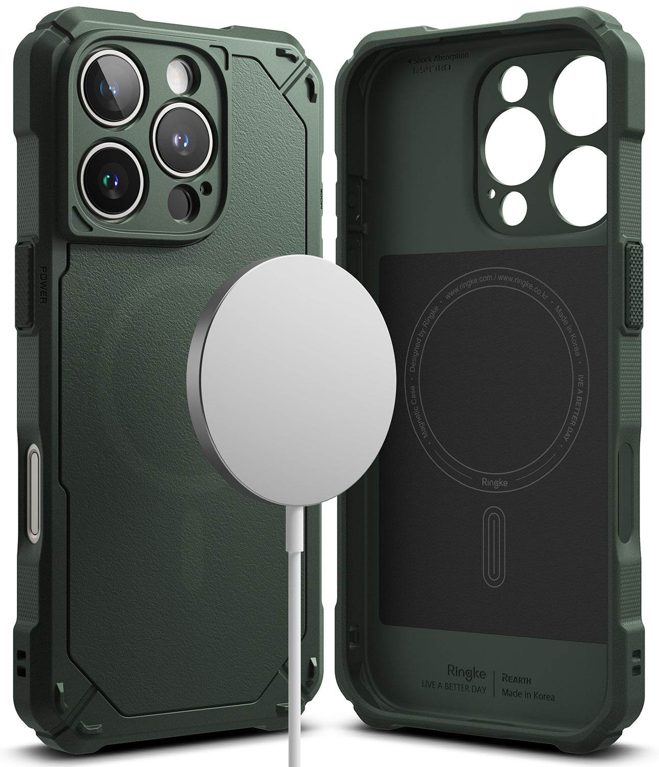 iPhone 16 Pro Max Case | Rugged Gear Magnetic - Dark green rugged phone case with MagSafe charger and interior view.