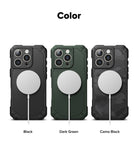 iPhone 16 Pro Max Case | Rugged Gear Magnetic - Three rugged phone cases in black, dark green, and camo black with MagSafe.