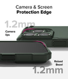iPhone 16 Pro Max Case | Rugged Gear Magnetic - Dark green phone case showing 1.2mm raised camera lips and screen bezels.
