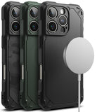 iPhone 16 Pro Max Case | Rugged Gear Magnetic - Three rugged iPhone cases in black and green with a magnetic charger.