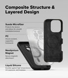 iPhone 16 Pro Max Case | Silicone Magnetic - Exploded view of a phone case showing its layered silicone, PC, and suede structure.