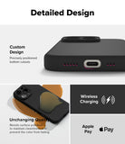 iPhone 16 Pro Max Case | Silicone Magnetic - Close-up of phone case cutouts, liquid-resistant surface, and charging icons.