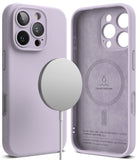 iPhone 16 Pro Max Case | Silicone Magnetic - Lavender silicone case showing exterior camera cutout and interior suede lining with magnetic ring.