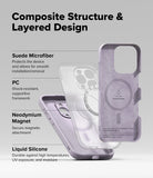 iPhone 16 Pro Max Case | Silicone Magnetic - Exploded view of a layered phone case showing silicone, magnet, and suede.