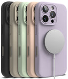 iPhone 16 Pro Max Case | Silicone Magnetic - Five silicone phone cases in black, beige, green, peach, and purple with a charger.
