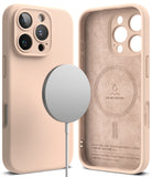 iPhone 16 Pro Max Case | Silicone Magnetic - Beige silicone case with MagSafe charger and suede-lined interior.