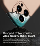 iPhone 16 Pro Max Case | Silicone Magnetic - Close-up of a phone camera module protected by a shock-absorbing case against a rock.
