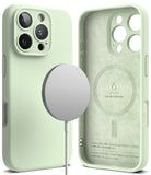 iPhone 16 Pro Max Case | Silicone Magnetic - Light green silicone case with magnetic charger and interior suede lining.