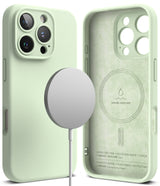 iPhone 16 Pro Max Case | Silicone Magnetic - Light green silicone case with magnetic charger and interior suede lining.