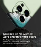 iPhone 16 Pro Max Case | Silicone Magnetic - Light green phone case resting on a dark rock, highlighting the camera lens protection.