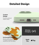 iPhone 16 Pro Max Case | Silicone Magnetic - Light green phone case showing bottom cutouts, stain resistance, and wireless charging compatibility.