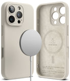 iPhone 16 Pro Max Case | Silicone Magnetic - Beige silicone case with MagSafe charger and suede-lined interior.
