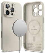 iPhone 16 Pro Max Case | Silicone Magnetic - Beige silicone case with MagSafe charger and suede-lined interior.