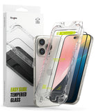 iPhone 16 Pro Screen Protector | Easy Slide Tempered Glass - iPhone 16 Pro Screen Protector - Ringke Easy Slide tempered glass installation tool over an iPhone 16 Pro and retail box.