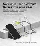 iPhone 16 Pro Max Screen Protector | Easy Slide Tempered Glass - iPhone 16 Pro Max Screen Protector - Smartphone, two tempered glass protectors, and an installation tray on concrete.
