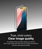 iPhone 16 Pro Max Screen Protector | Easy Slide Tempered Glass - iPhone 16 Pro Max Screen Protector - Tempered glass hovering over an iPhone 16 Pro Max displaying a colorful screen.