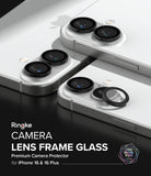 iPhone 16 Plus / 16 | Camera Lens Frame Glass - iPhone 16 Plus / 16 Camera Lens Frame Glass - Black lens protectors being applied to the dual cameras of white iPhones.