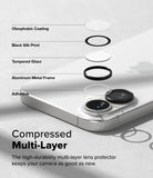 iPhone 16 Plus / 16 | Camera Lens Frame Glass - iPhone 16 Plus / 16 Camera Lens Frame Glass - Exploded view of multi-layer camera lens protector on a white iPhone.