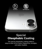 iPhone 16 Plus / 16 | Camera Lens Frame Glass - iPhone 16 Plus / 16 Camera Lens Frame Glass - Silver iPhone with oleophobic lens protectors and touch/fingerprint icons.