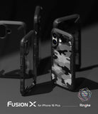 iPhone 16 Plus Case | Fusion-X - Multiple black Fusion-X protective cases for iPhone 16 Plus, one featuring a camo pattern.